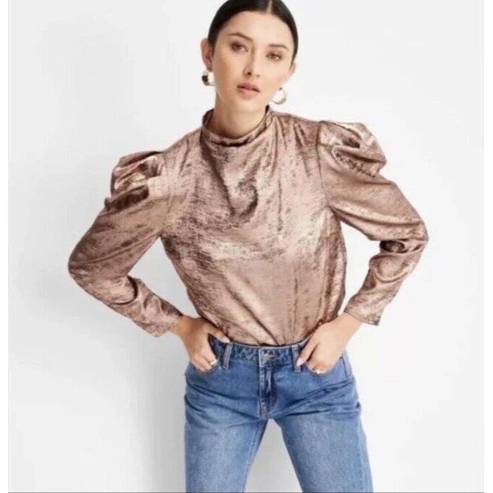 FUTURE COLLECTIVE Kahlana Barfield Brown Copper Blouse Women S Puff Long Sleeve